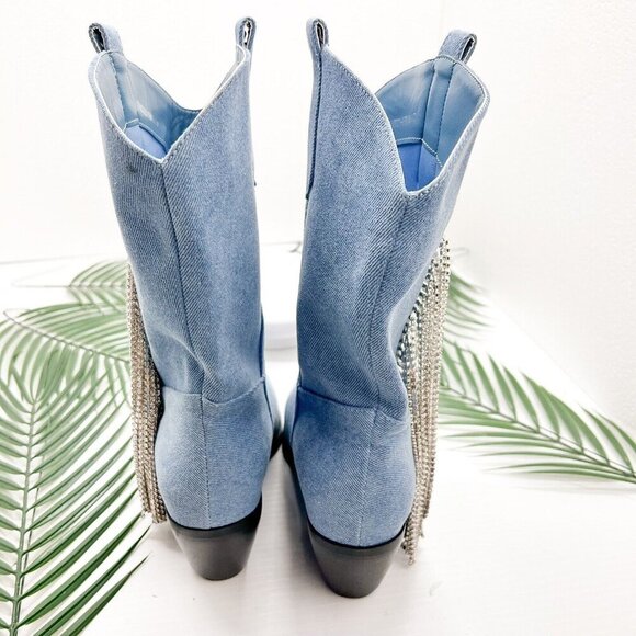 Azalea Wang Blue Denim Rhinestone Fringed Wide Calf Ankle Boots Size 7 Cowboy - Picture 6 of 13